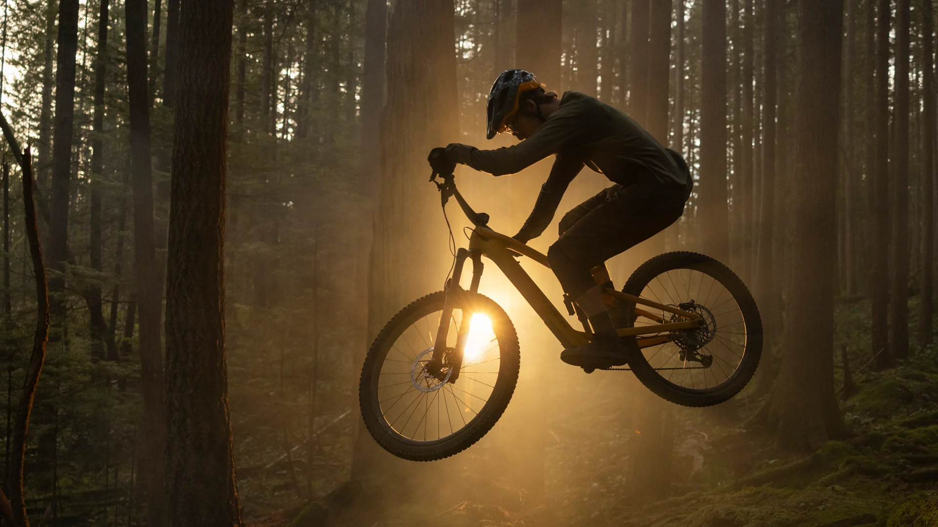 A guy riding a mountain bike and performing a stunt